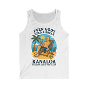 Men's Softstyle Tank Top with Kanaloa Hawaiian god of the ocean graphic and "Even Gods Need a Break" text in white sleeveless shirt