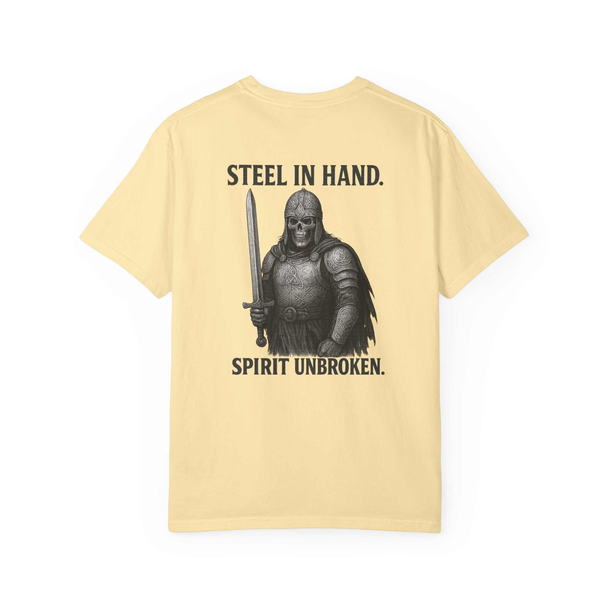 Garment-dyed t-shirt featuring Celtic warrior fallen battle design on soft US cotton fabric