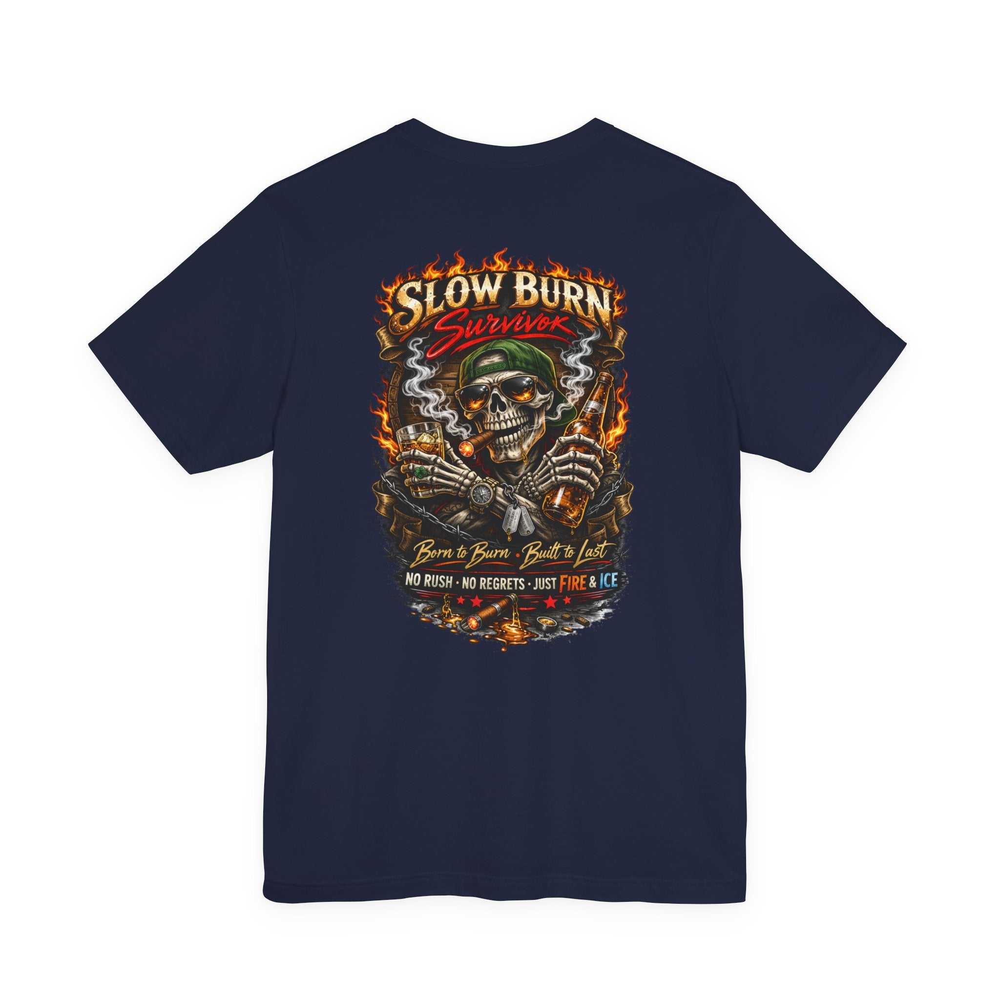 Slow Burn Survivor T-Shirt — Vintage Skull Motorcycle Flame Tee