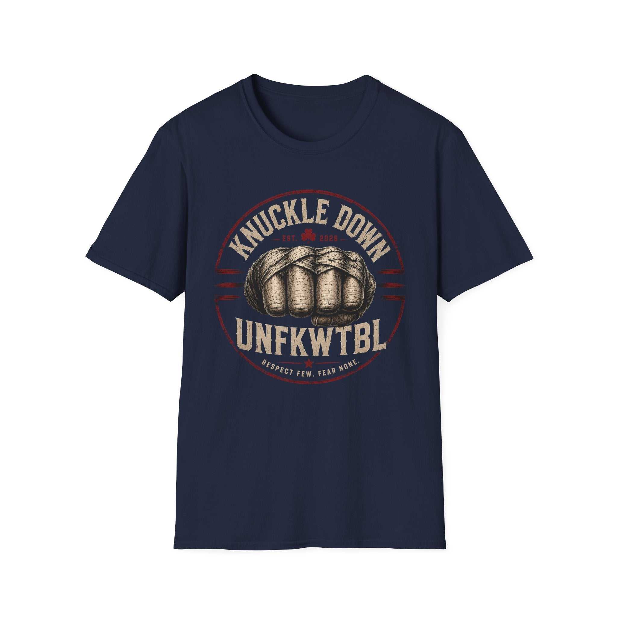 Knuckle Down Vintage Boxing T-shirt with retro fist graphic and faded circular stamp on lightweight cotton fabric