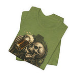 Drink First Think Never T-Shirt — Skull Beer Graphic Tee for Party & Bar Lovers