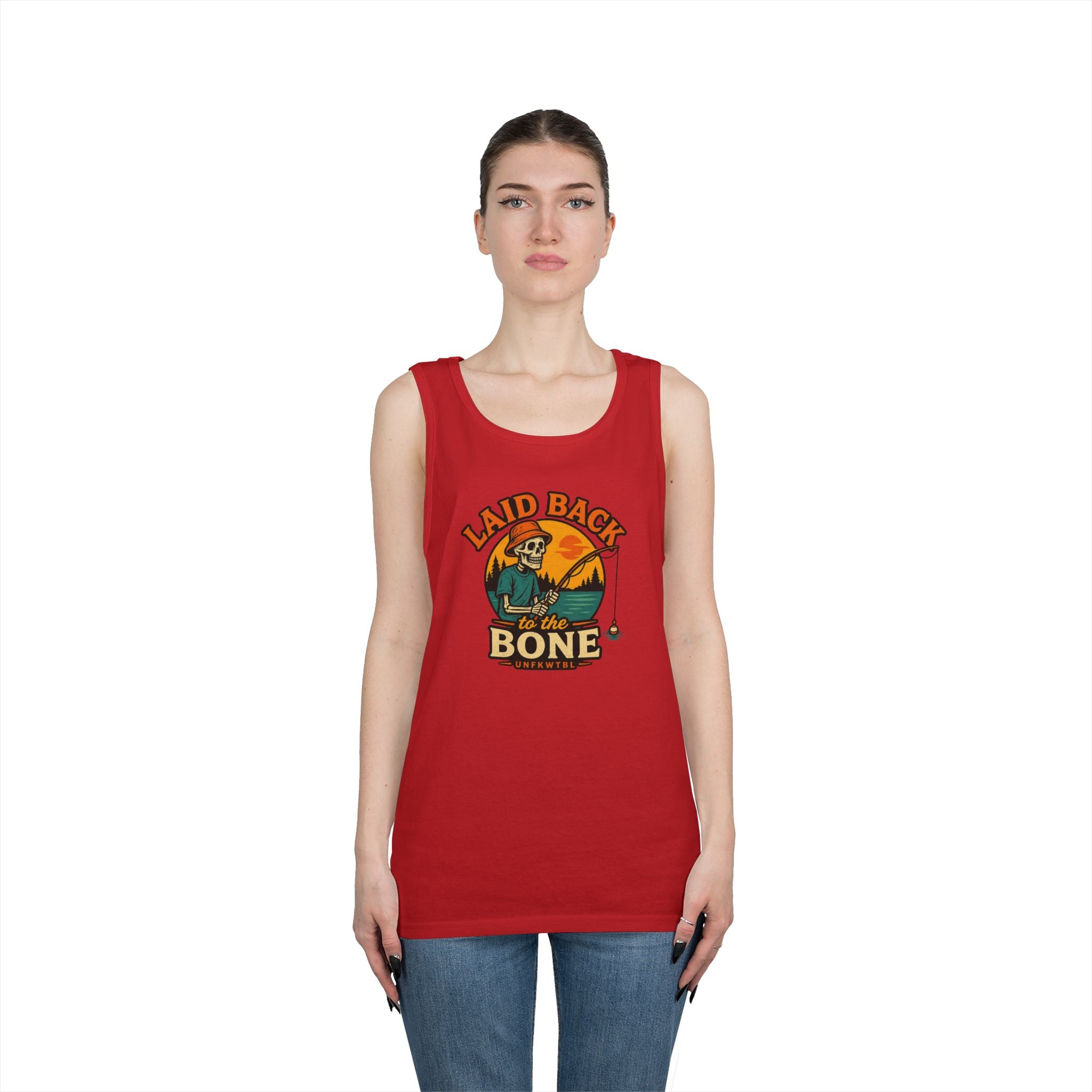 Laid Back to the Bone Tank Top — Retro Skull & Sunset Summer Graphic