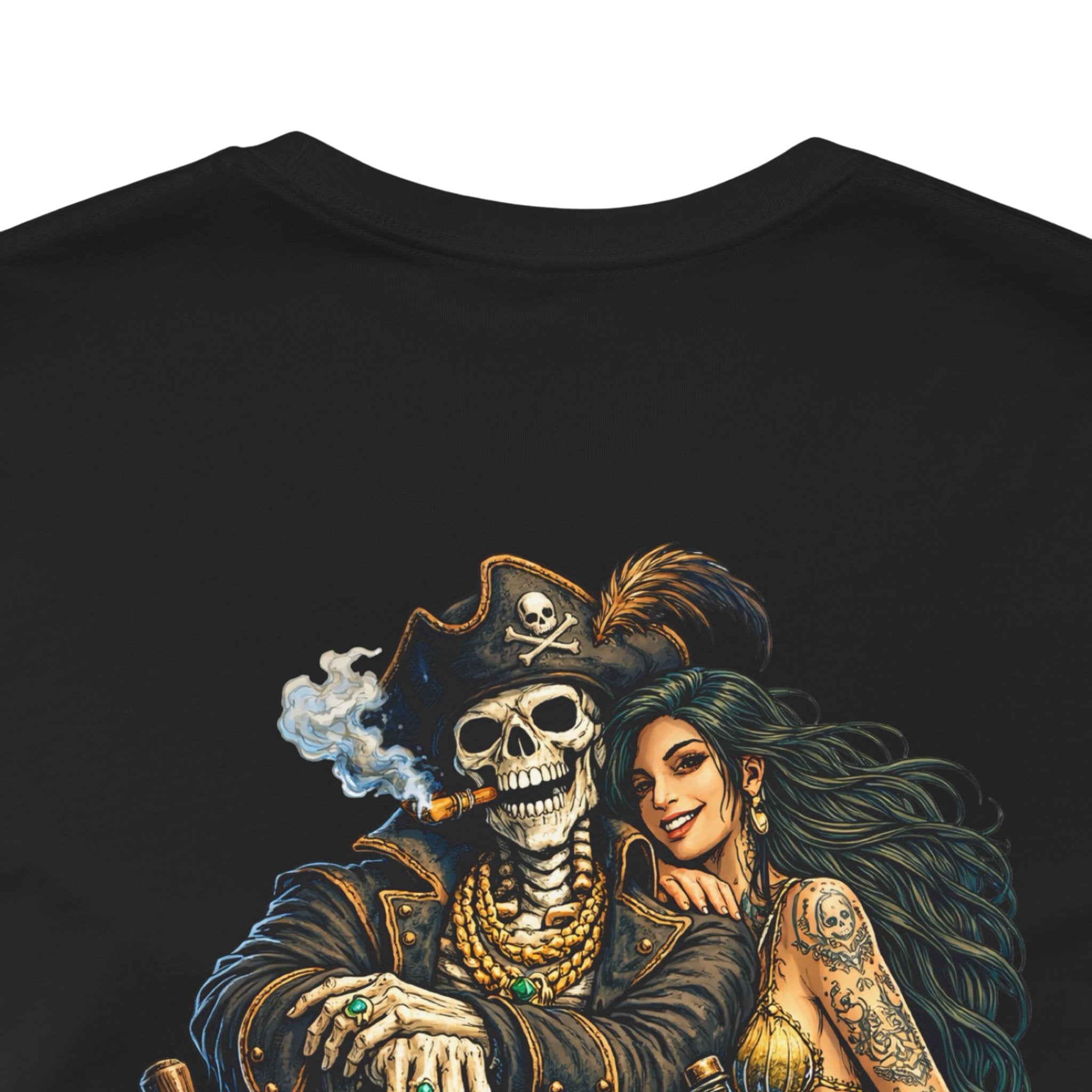 Pirate Skeleton & Mermaid Graphic Tee — Nautical Skull Crew Neck Shirt