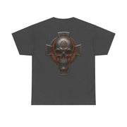 Dark gray unisex tee featuring a bold Celtic skull and cross heritage design on the back.