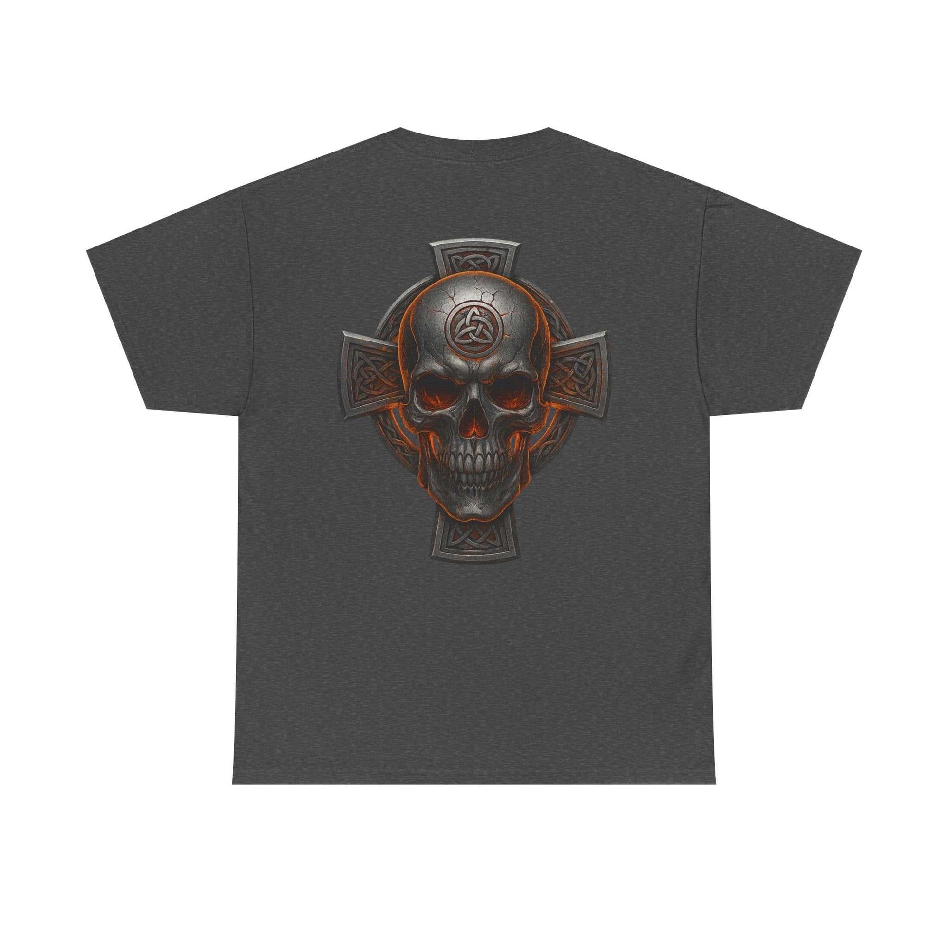 Dark gray unisex tee featuring a bold Celtic skull and cross heritage design on the back.