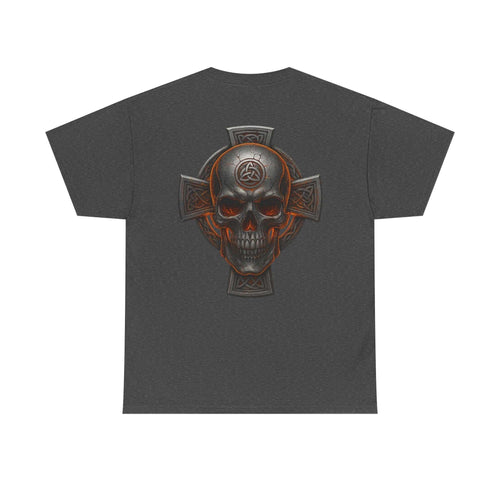 Dark gray unisex tee featuring a bold Celtic skull and cross heritage design on the back.