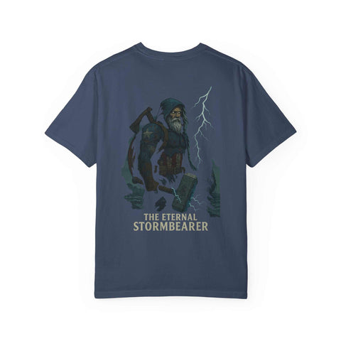 Eternal Stormbearer T-shirt with storm-themed graphic on navy unisex garment-dyed cotton tee