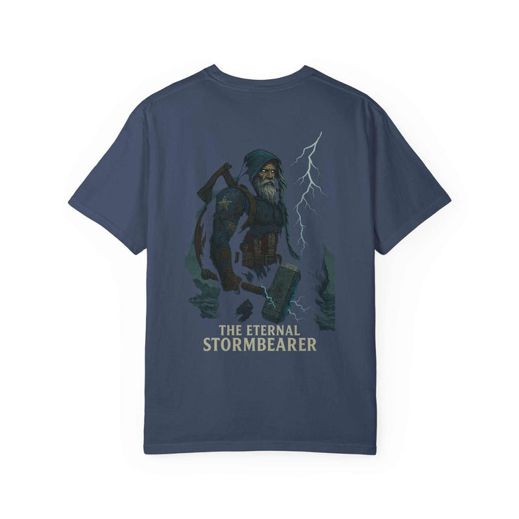 Eternal Stormbearer T-shirt with storm-themed graphic on navy unisex garment-dyed cotton tee