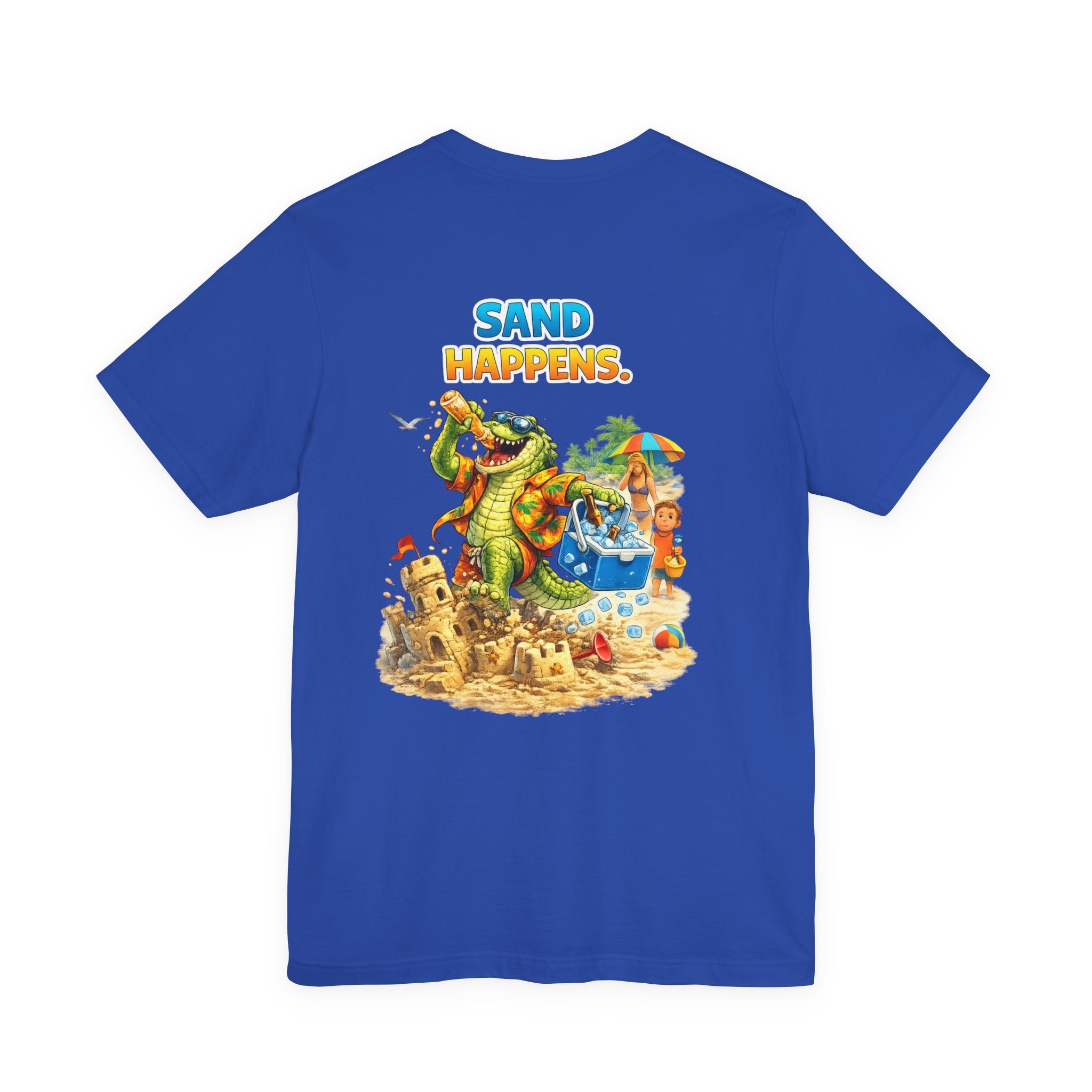 Sand Happens T-Shirt — Playful Alligator Beach Tee