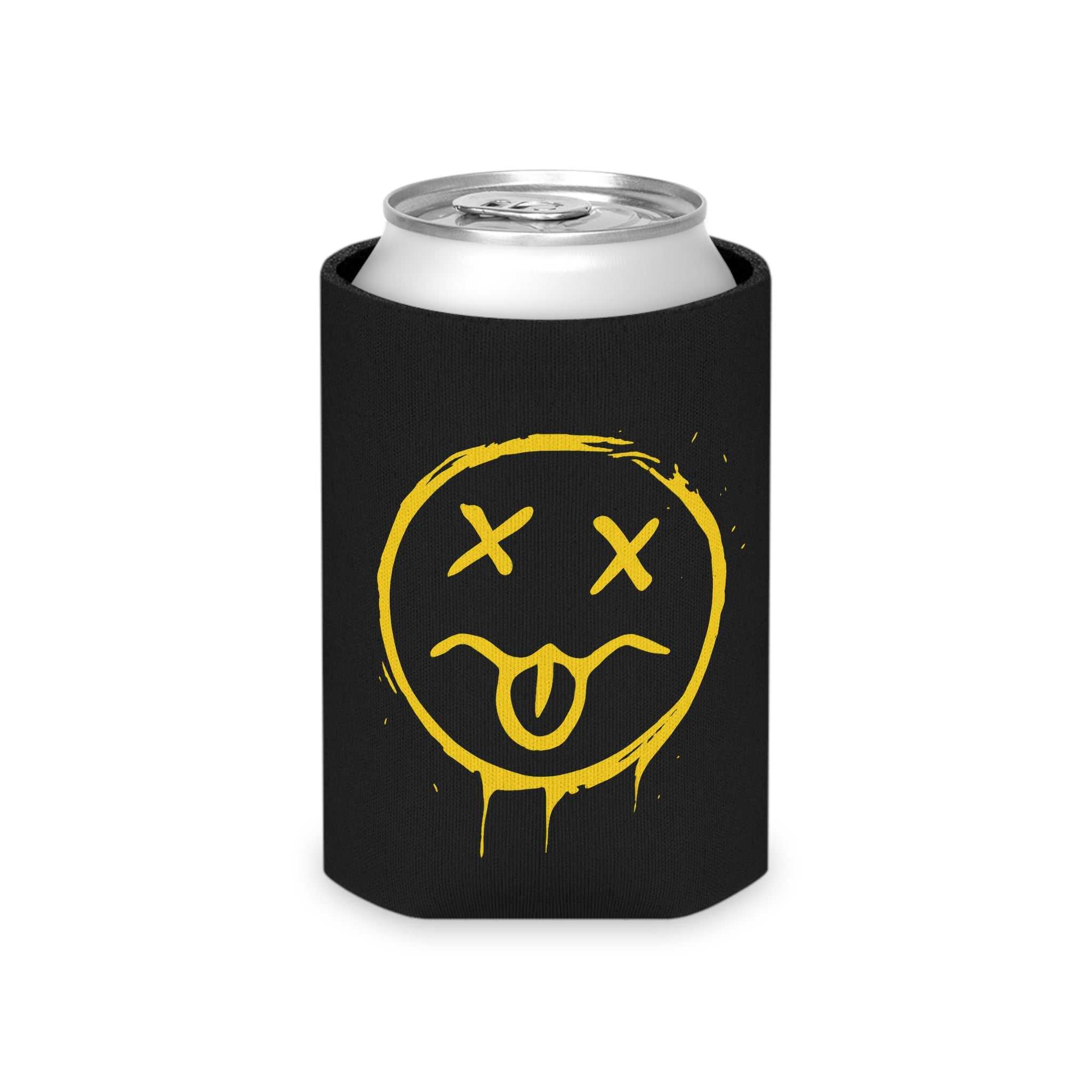 Neon Grunge Smiley Can Cooler — Yellow Drip Face Beer Koozie