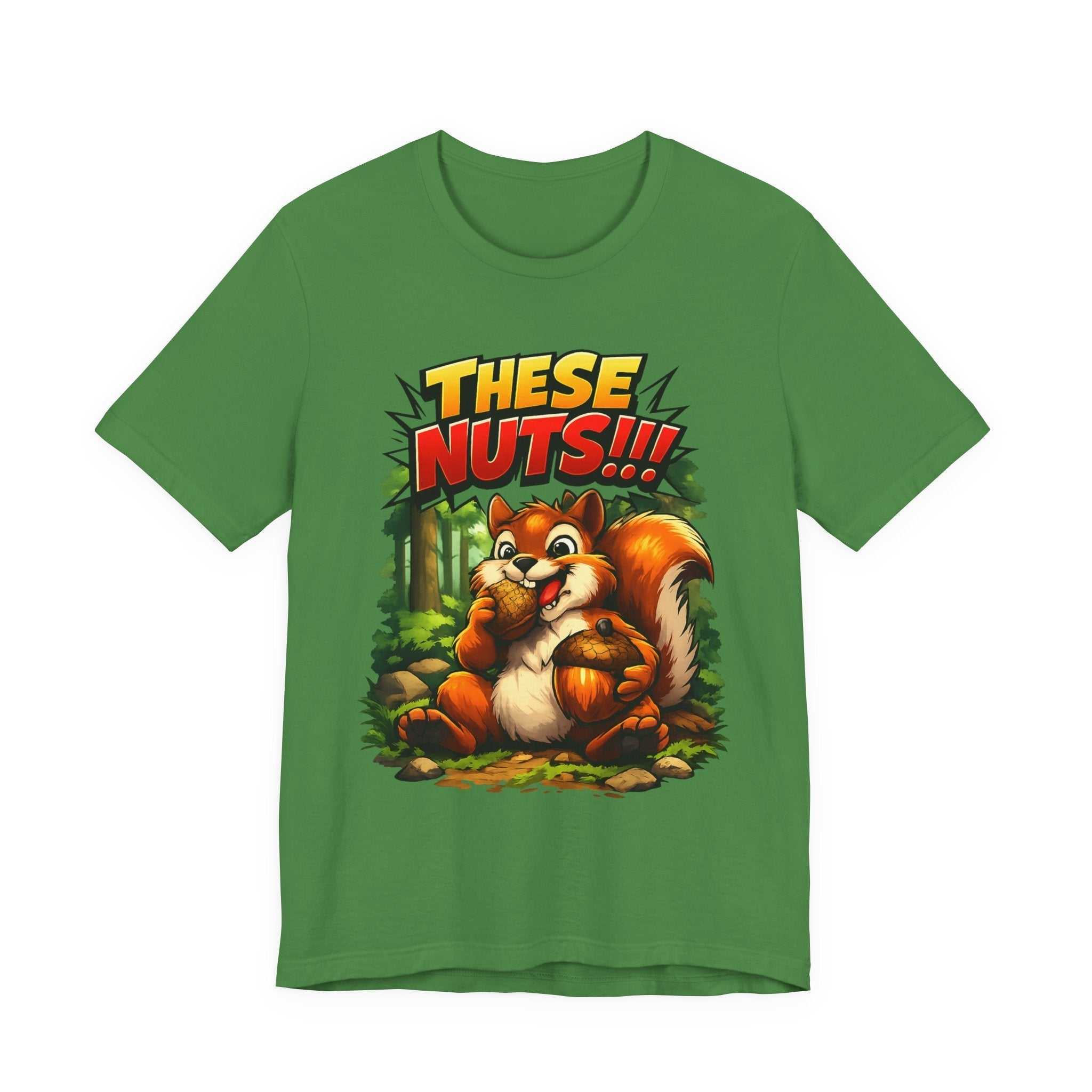 White crew neck t-shirt with colorful cheeky squirrel clutching acorns and "THESE NUTS!!!" text design