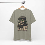 Dead & Lucky Skull Tee with vintage grinning skull graphic and bold text on lightweight cotton t-shirt
