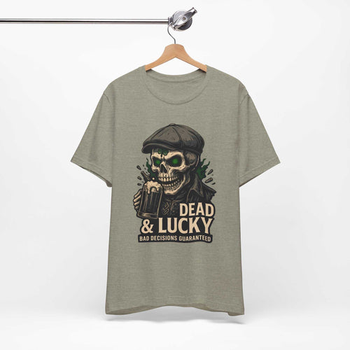 Dead & Lucky Skull Tee with vintage grinning skull graphic and bold text on lightweight cotton t-shirt