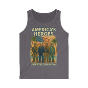 Men's gray Patriotic Heroes Tank Top with America’s Heroes graphic and military figures, casual summer wear for veterans and patriotic holidays