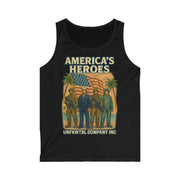 Men's black Patriotic Heroes Tank Top with America’s Heroes graphic and military figures design