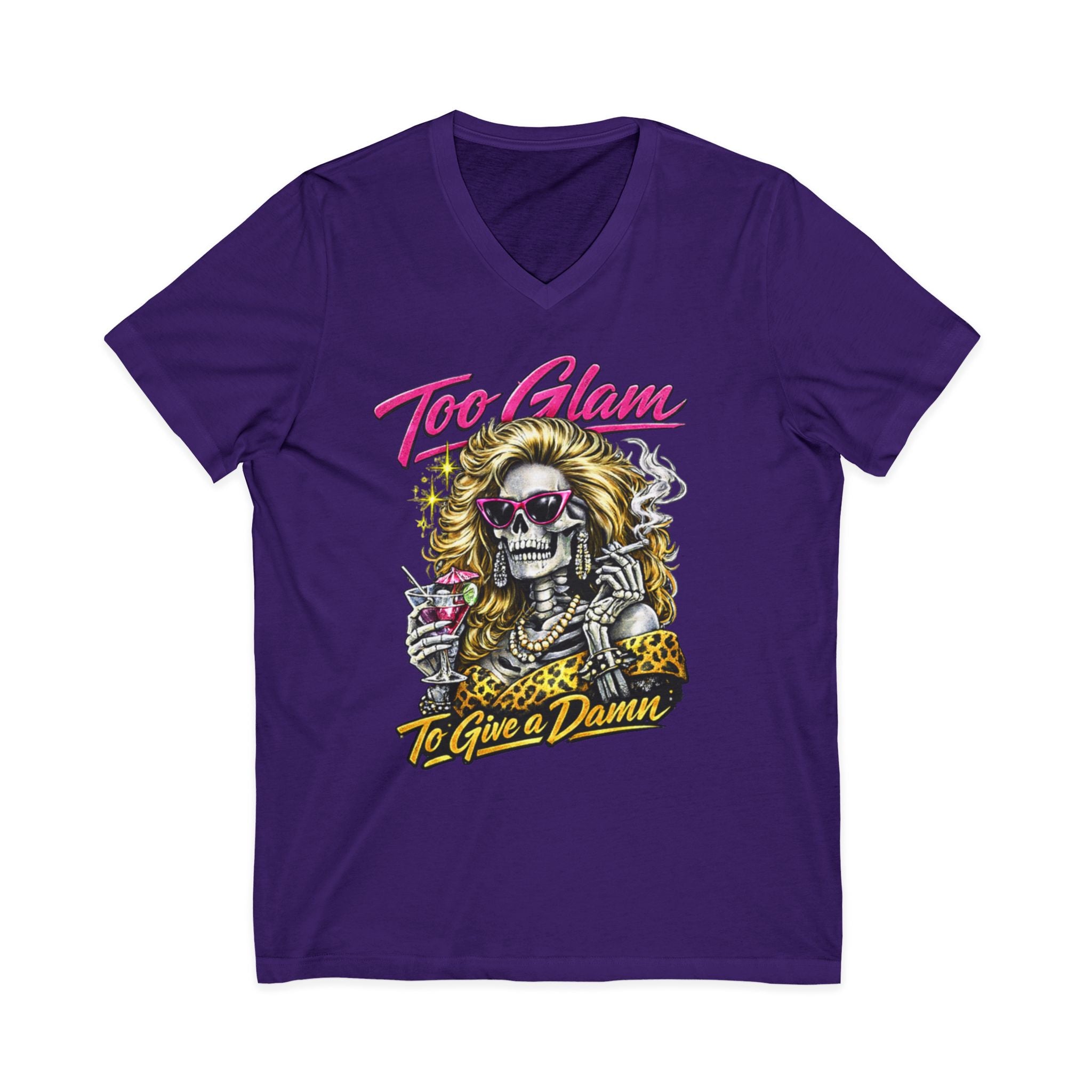 Too Glam To Give a Damn Skull Tee — Retro Glam Rock V-Neck Shirt