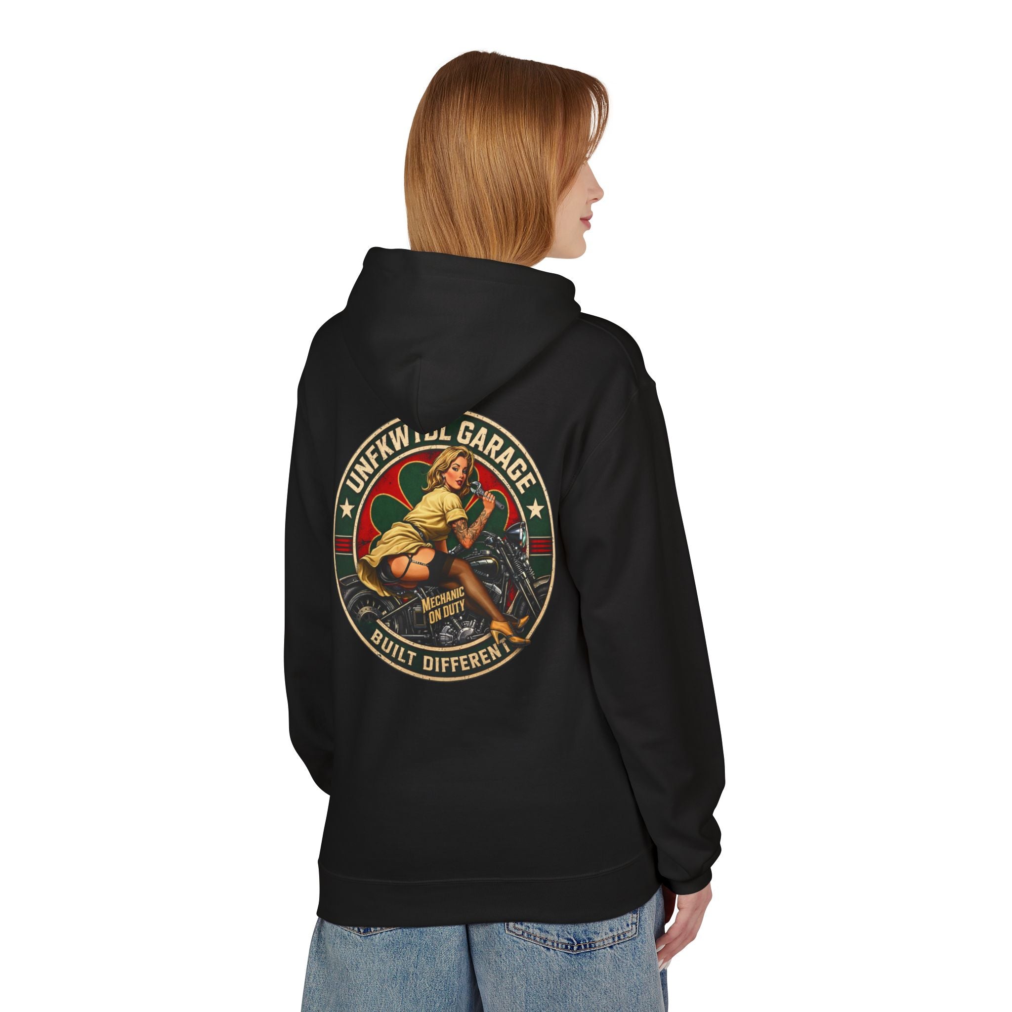 Vintage Pin-Up Motorcycle Hoodie — "Built Different" Garage Logo