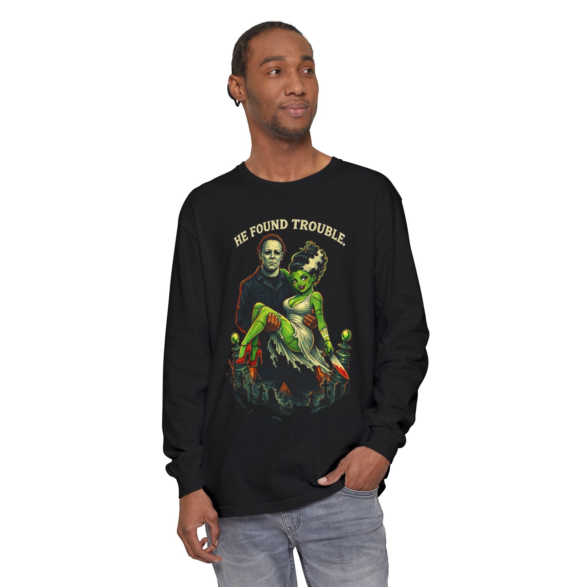 He Found Trouble Long Sleeve T‑Shirt — Retro Frankenstein & Bride Graphic