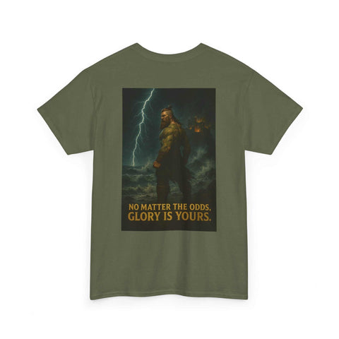 Inspirational Quote Tee with motivational graphic and "No matter the odds, glory is yours" text on olive green unisex cotton shirt