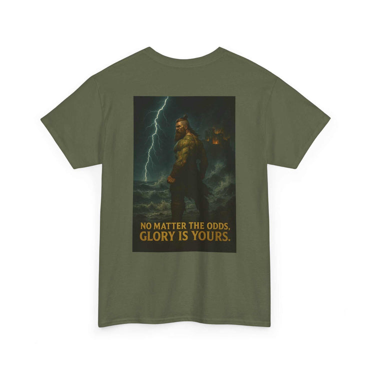 Inspirational Quote Tee with motivational graphic and "No matter the odds, glory is yours" text on olive green unisex cotton shirt
