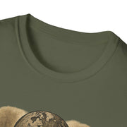Unisex T-shirt in olive green with round neckline and bold printed design