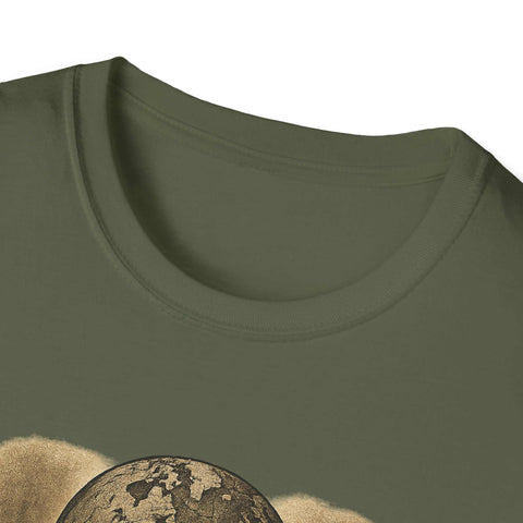 Unisex T-shirt in olive green with round neckline and bold printed design