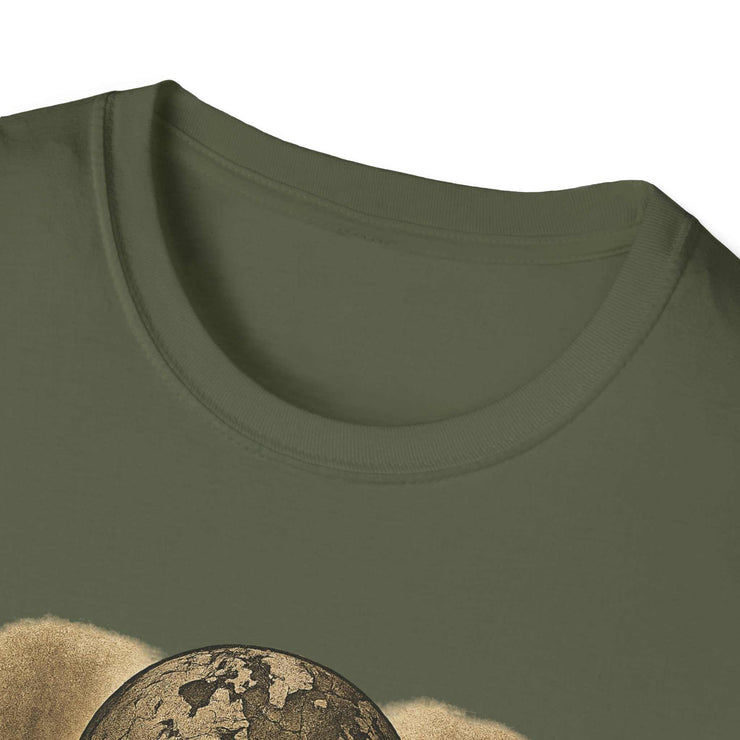 Unisex T-shirt in olive green with round neckline and bold printed design