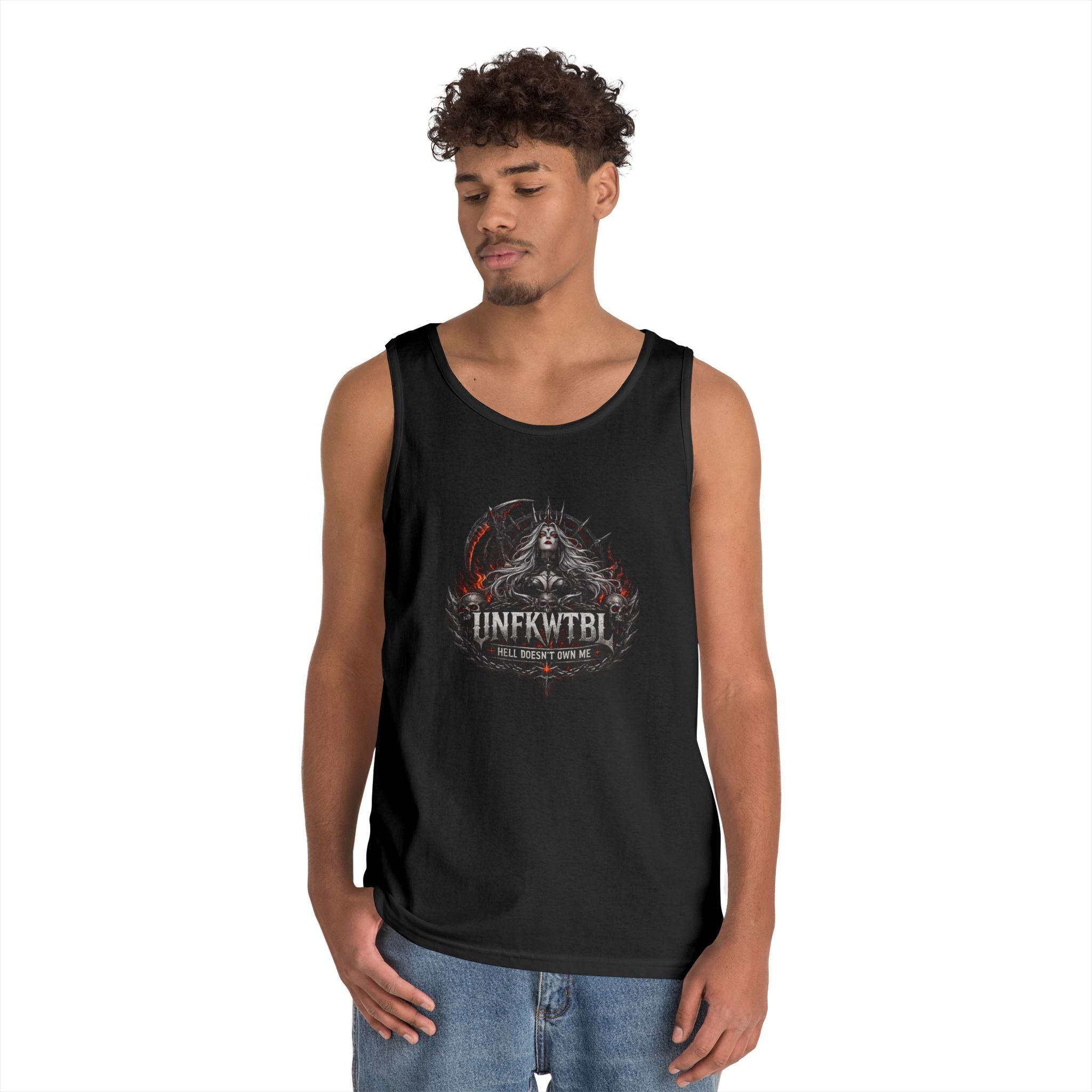 Gothic Skull Emblem Tank Top — 'UNFKWTBL' Dark Metal Graphic