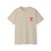 Beige unisex Pennywise Clown themed T-shirt with red logo print on chest, classic fit and crew neckline