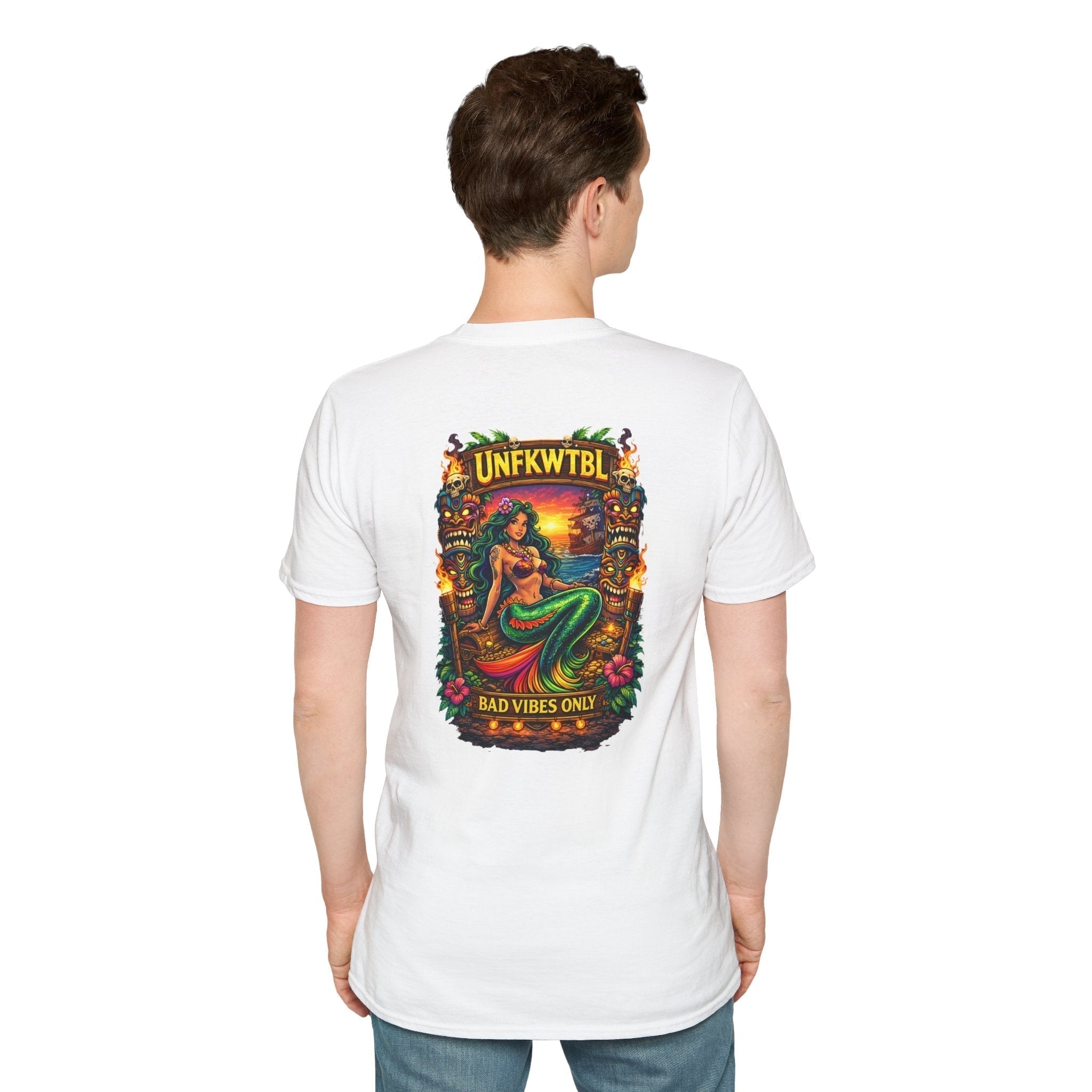 Bad Vibes Only retro mermaid sunset t-shirt with vintage island graphic