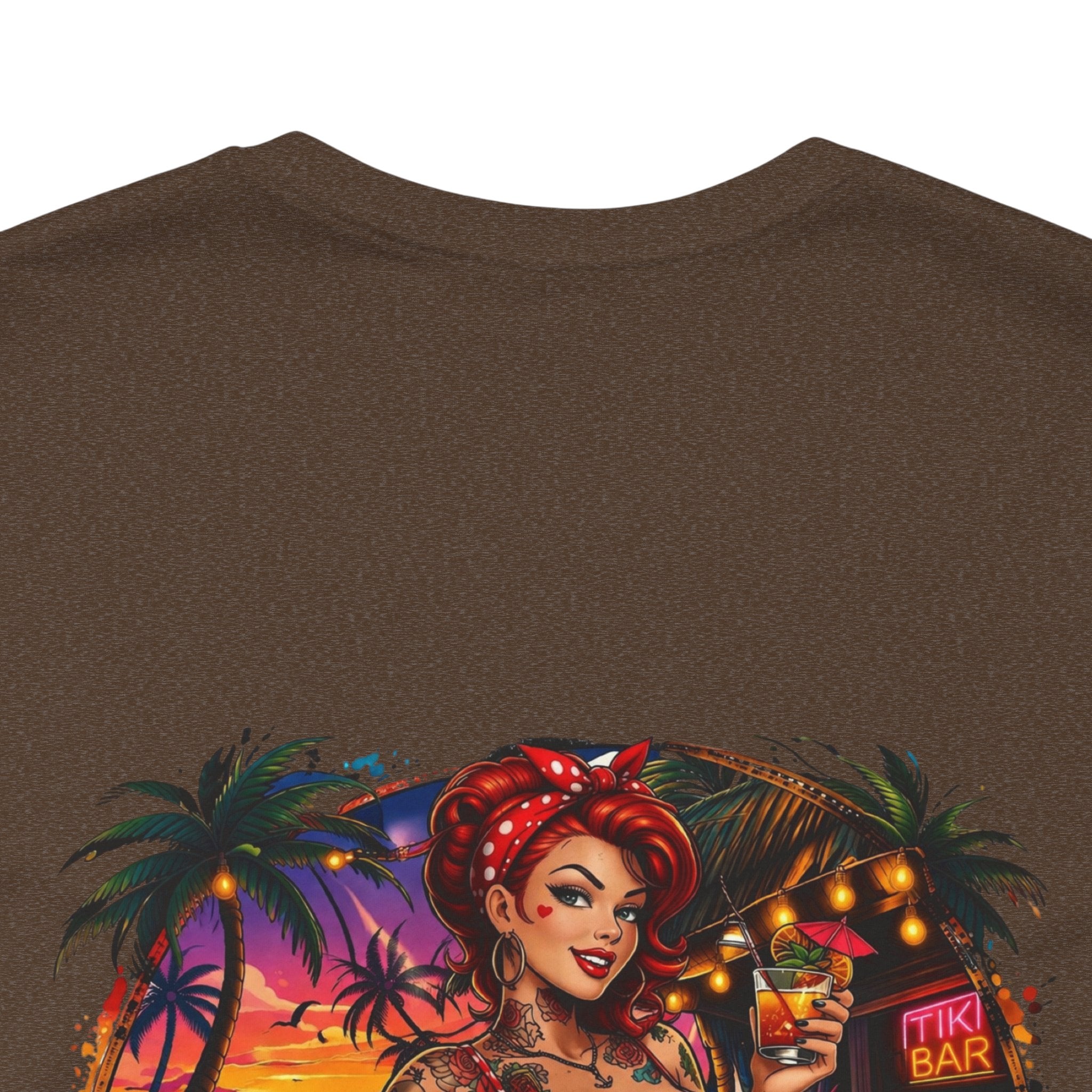 Beach Pinup T‑Shirt — "Less Thinkin', More Drinkin'" Retro Tropical Tee