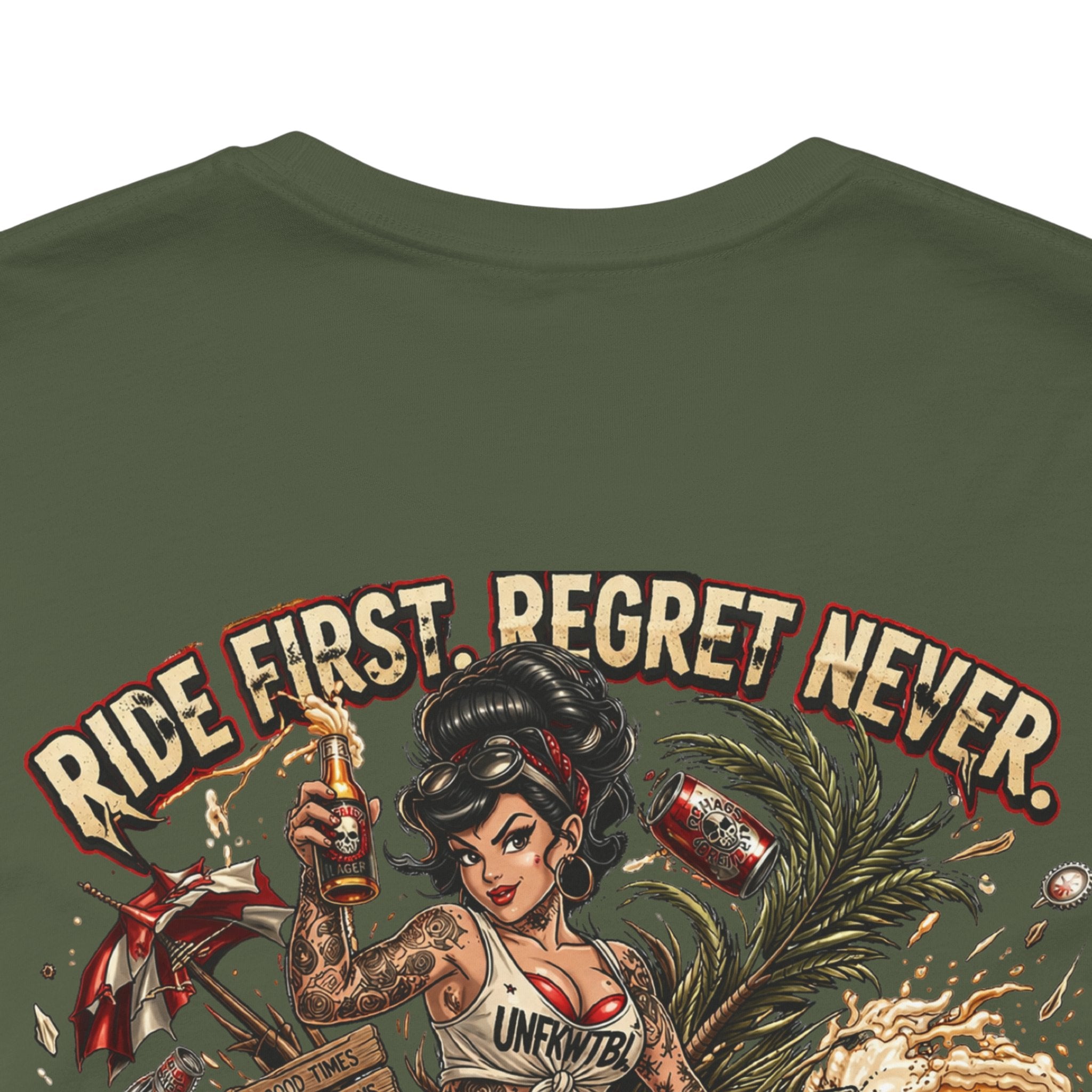 Ride First Regret Never Tee — Vintage Pinup Bomb Girl Motorcycle Graphic Shirt