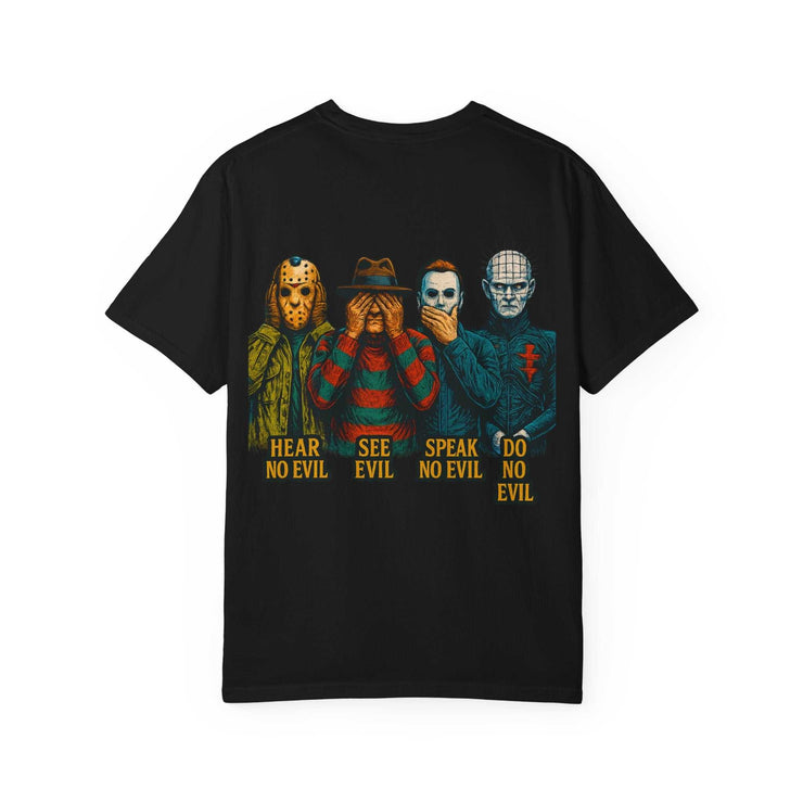 Black unisex T-shirt featuring horror movie legends Jason, Michael, Freddy, and Pinhead with "hear no evil, see no evil, speak no evil, do no evil" text