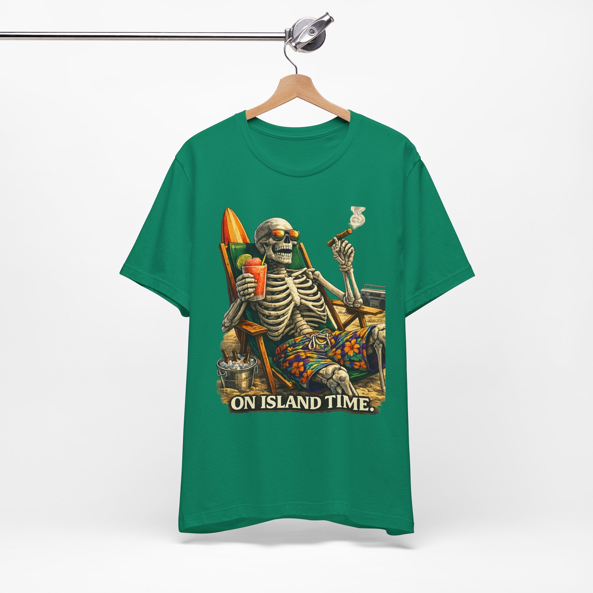 Skeleton Beach Tee — "On Island Time" Tropical Skull Vacation T-Shirt