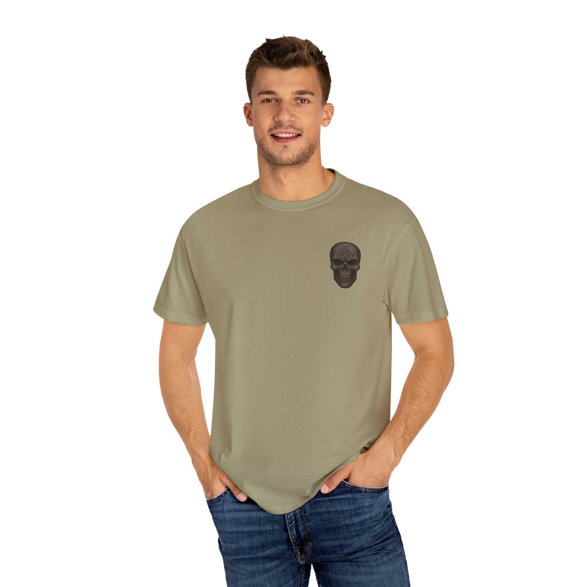 Unisex Spooky Pumpkin Punch T-Shirt with skull graphic, vintage Halloween design, olive green, casual fall festival attire