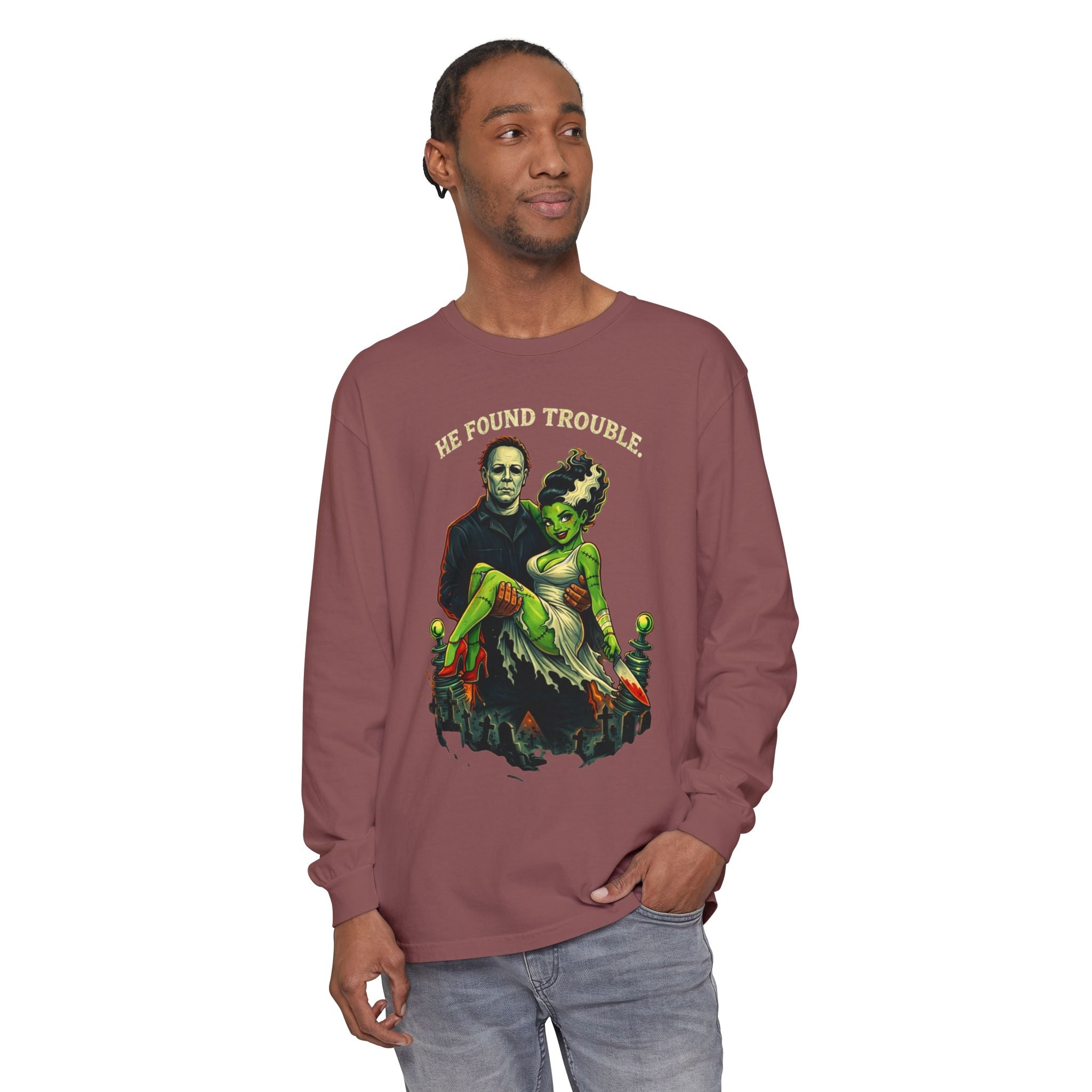 He Found Trouble Long Sleeve T‑Shirt — Retro Frankenstein & Bride Graphic