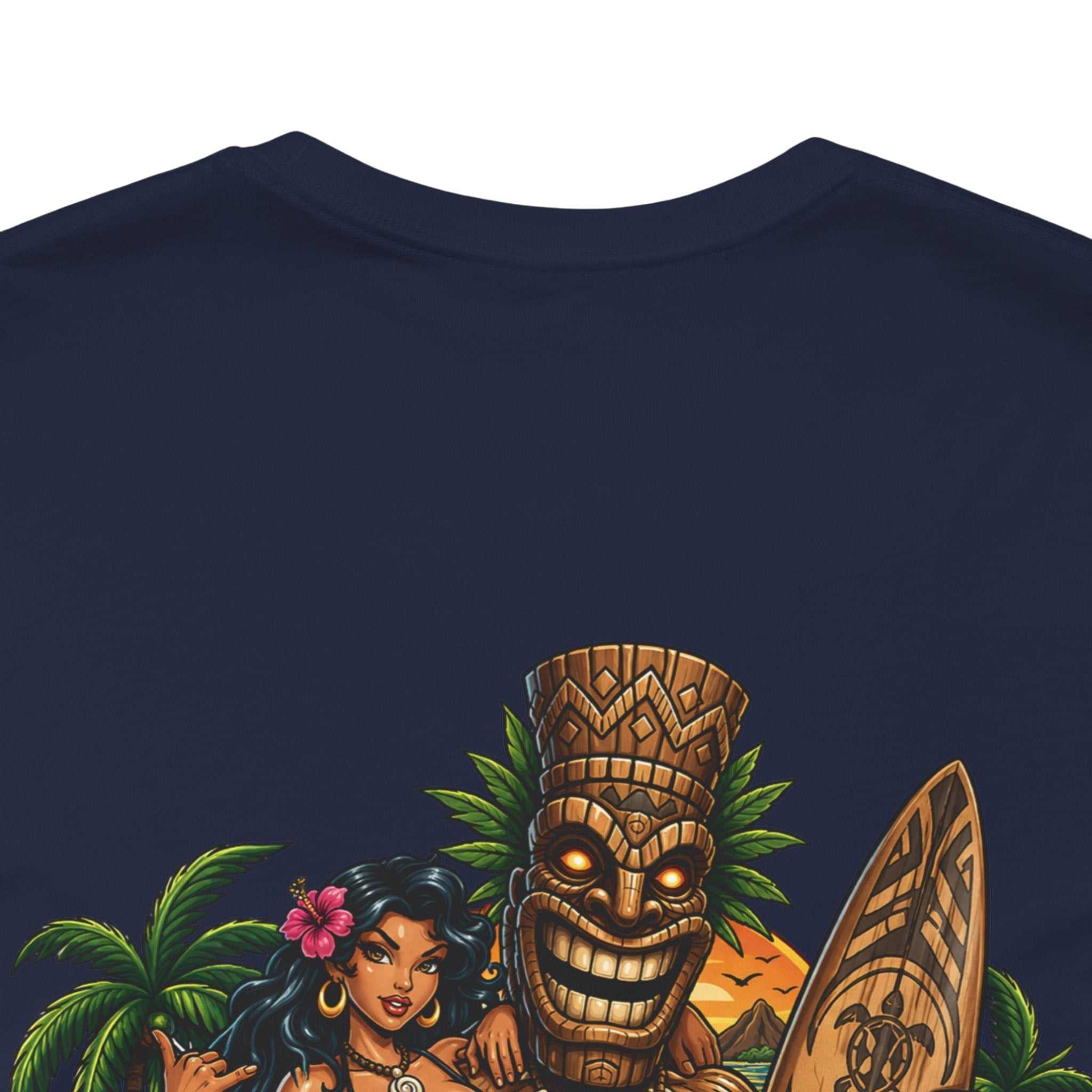 Tropical Tiki Tee with tiki, hibiscus flowers, and waves design on back, perfect for summer beachwear