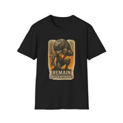 Black unisex t-shirt with "REMAIN UNFUCKWITHABLE" power word design and strong figure graphic