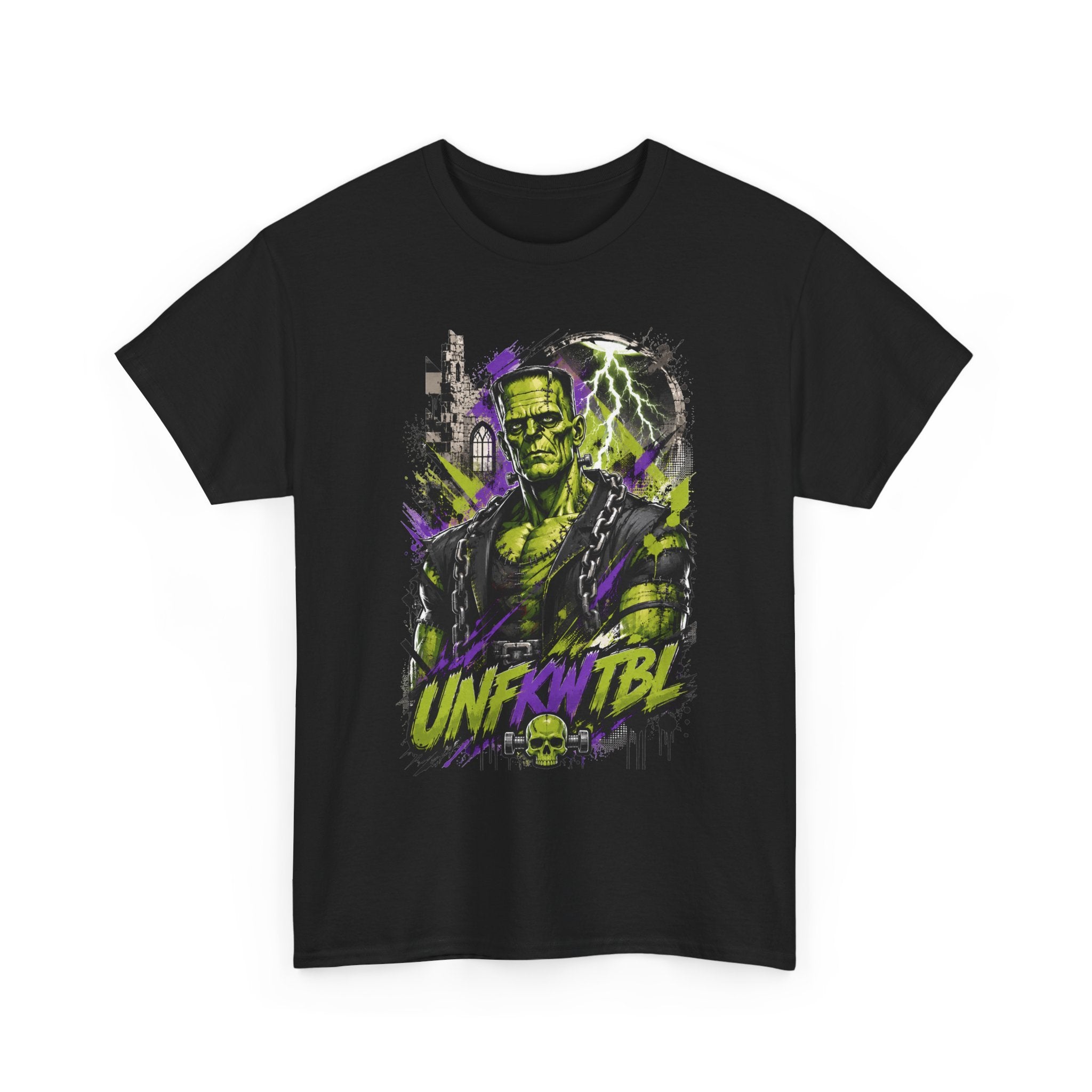 Frankenstein Monster Abstract Tee — "UNFKW TBL" Neon Horror Graphic Shirt