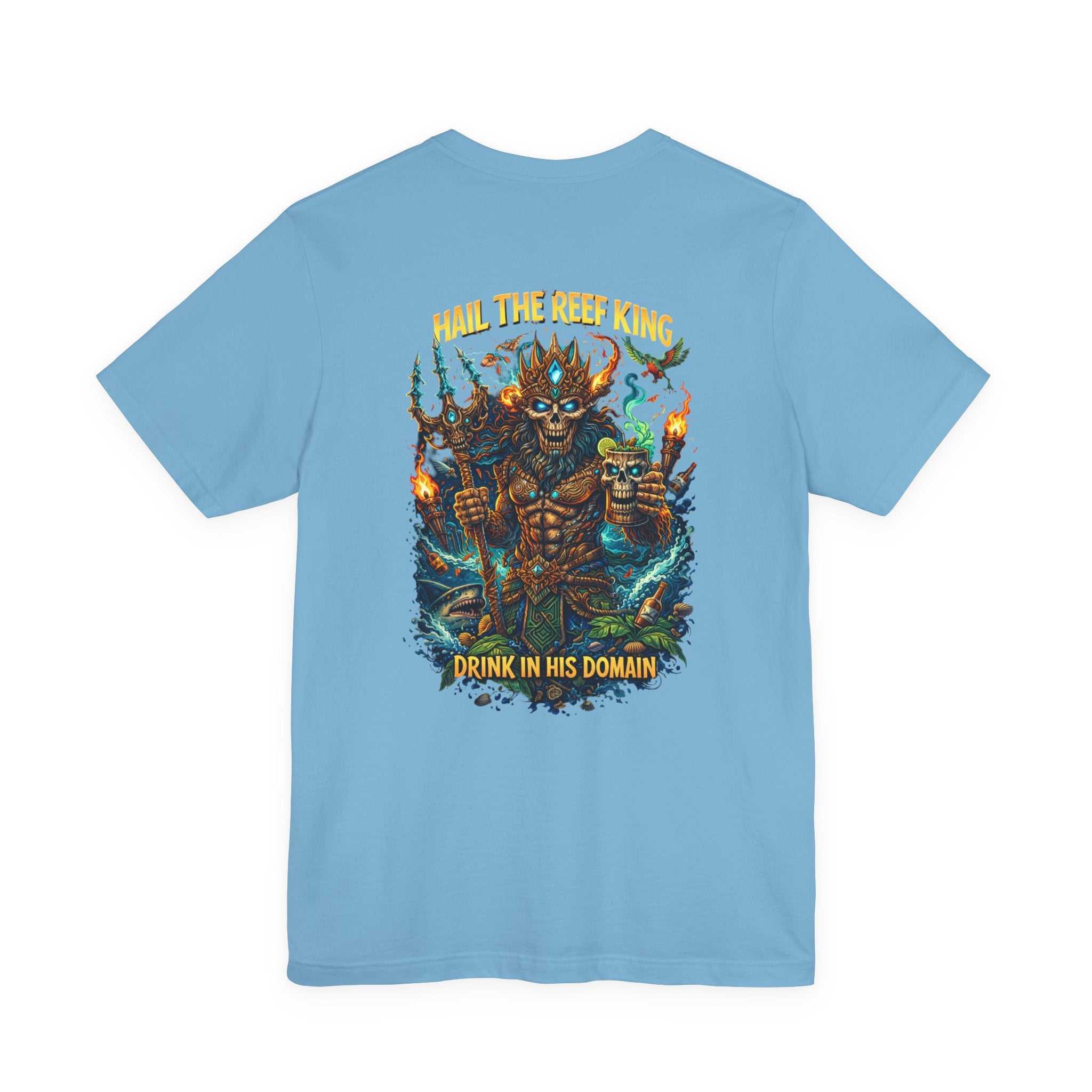 Hail the Reef King T-shirt featuring oceanic fantasy reef king graphic and trident design