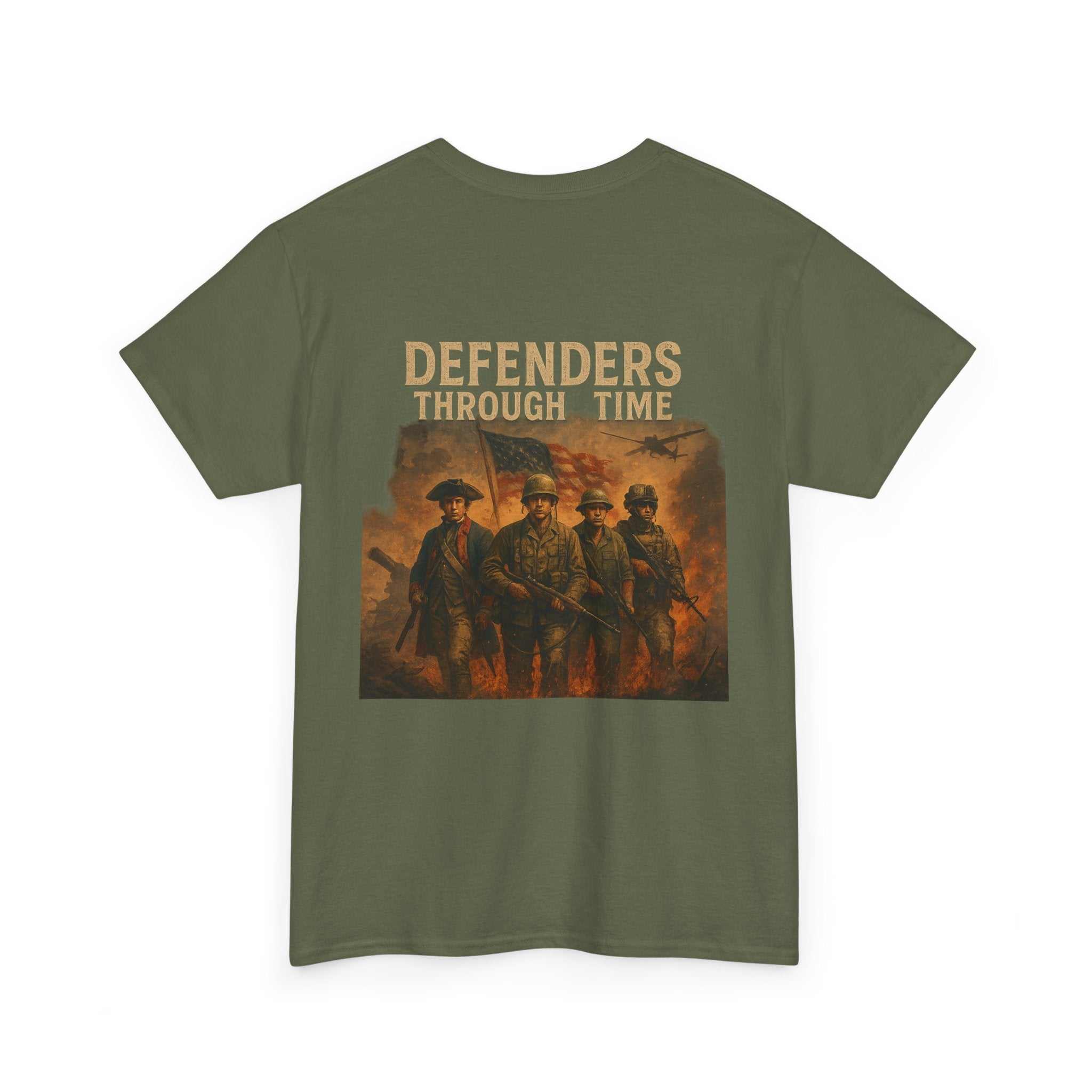 Vintage black tee with Defenders Through Time back print and American Strength Brotherhood theme