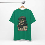 Dead & Lucky Skull Tee with grinning skull and frothy mug graphic on lightweight cotton shirt