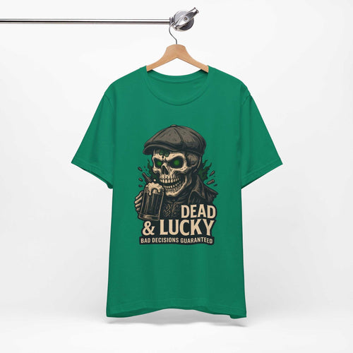Dead & Lucky Skull Tee with grinning skull and frothy mug graphic on lightweight cotton shirt