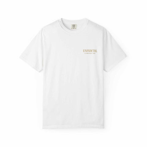 White Medusa Beauty Unisex T-shirt with small UNFKWTBL logo, crew neck and short sleeves