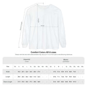 White long sleeve Guardian Skull Dragon Sword tee with size measurements chart