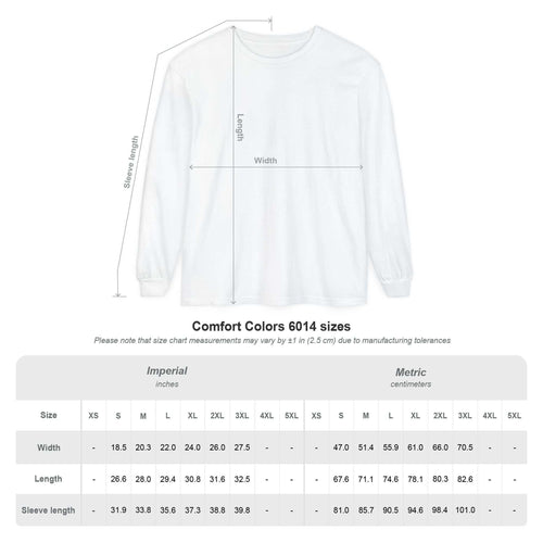 White long sleeve Guardian Skull Dragon Sword tee with size measurements chart