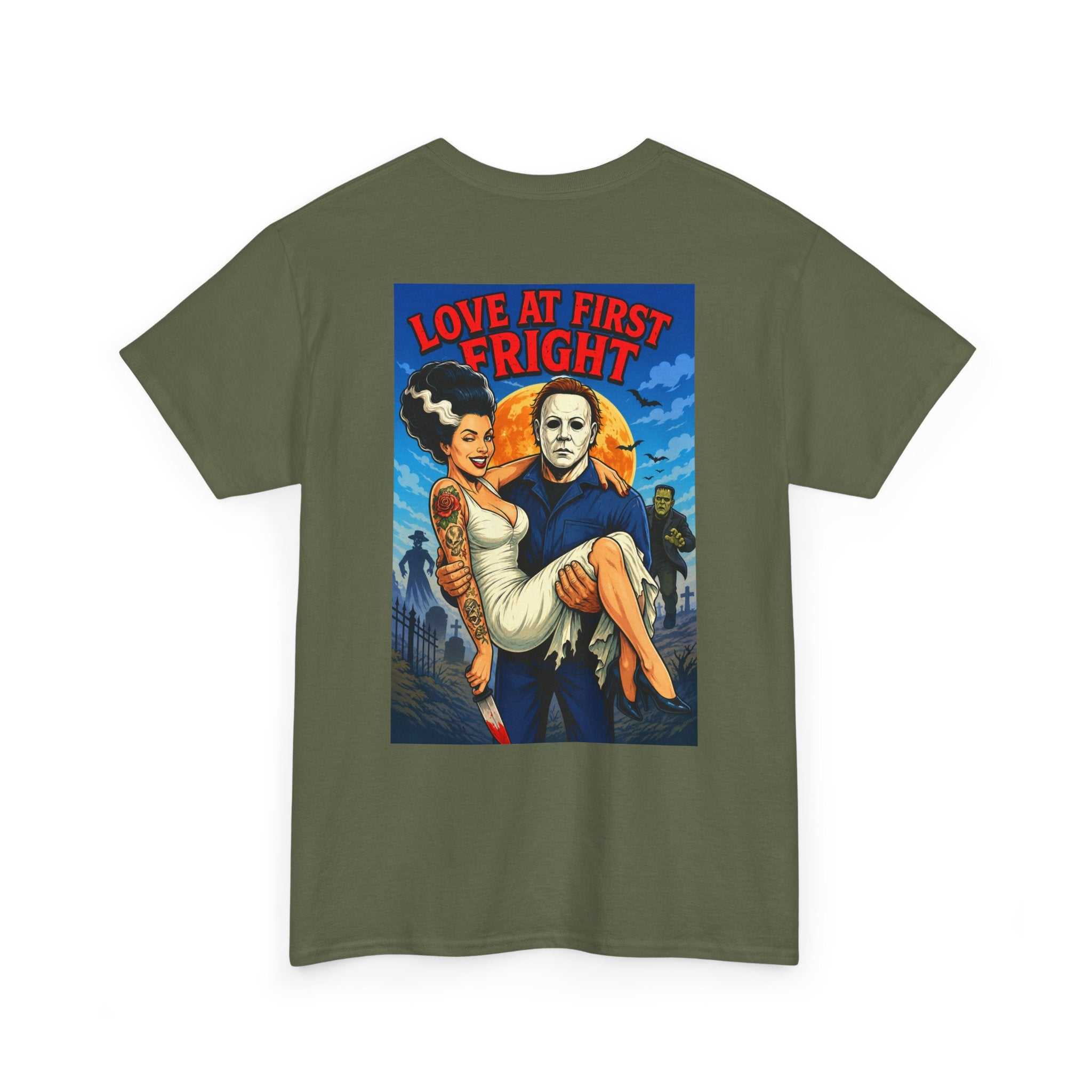 Horror Romance Tee — "Love at First Fright" Michael Myers & Bride Graphic T‑Shirt