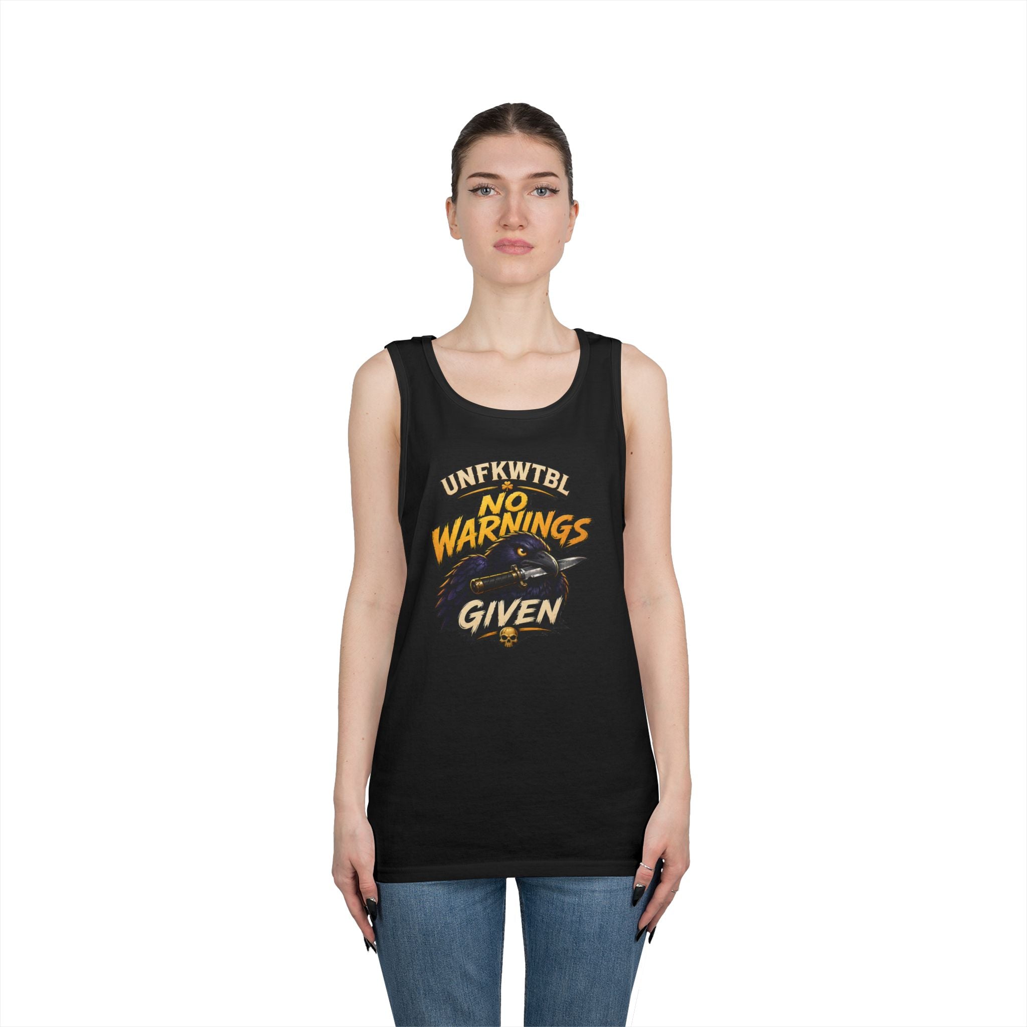 Tank Top — "No Warnings Given" Vintage Motorcycle Rider Graphic