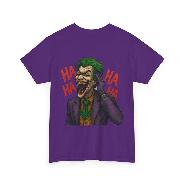 Purple UNFKWTBL JOKER t-shirt with graphic of Joker laughing and "HA HA HA" text design