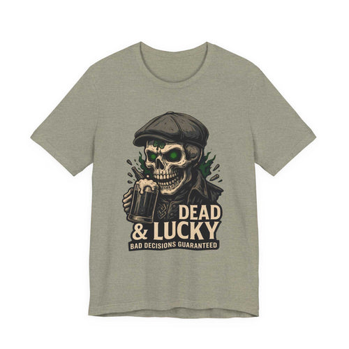 Dead & Lucky Skull Tee with vintage skull graphic and "Bad decisions guaranteed" text on lightweight cotton shirt